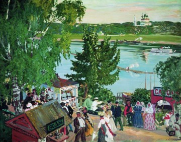 Landscapes Painting - promenade along the volga 1909 Boris Mikhailovich Kustodiev river landscape